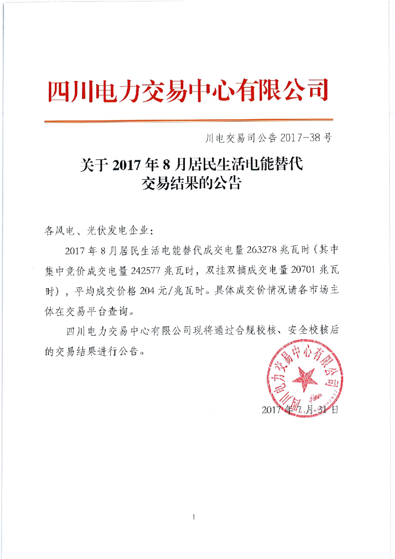 橙電網(wǎng)售電網(wǎng)小編獲悉，四川電力交易中心發(fā)布了關于2017年8月居民生活電能替代交易結果的公告。2017年8月居民生活電能替代成交電量263278兆瓦時（其中集中競價成交電量242577兆瓦時，雙掛雙摘成交電量20701兆瓦時），平均成交價格204元/兆瓦時
