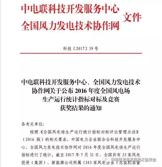 橙電網(wǎng)風(fēng)力發(fā)電網(wǎng)獲悉，中電聯(lián)近日公布了2016年度全國風(fēng)電場生產(chǎn)運(yùn)行統(tǒng)計指標(biāo)競賽指標(biāo)評比結(jié)果。龍源大港馬棚口風(fēng)電場（三期）、津能大神堂風(fēng)電場等286家風(fēng)電場獲獎