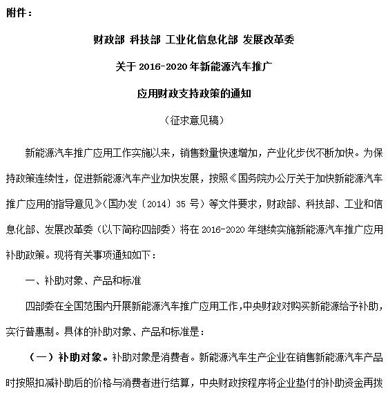 有關單位：新能源汽車推廣應用工作實施以來，銷售數(shù)量快速增加，產(chǎn)業(yè)化步伐不斷加快。為保持政策連續(xù)性，加快新能源汽車產(chǎn)業(yè)發(fā)展，按照《國務院辦公廳關于加快新能源汽車推廣應用的指導意見》(國辦發(fā)〔2014〕35號)等文件要求，財政部、科技部、工業(yè)和信息化部、發(fā)展改革委研究起草了2016-2020年新能源汽車推廣應用財政支持政策方案(附后)