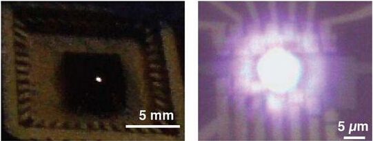 从悬浮石墨烯材料发出可见光的光学(左)和显微(右)图像。由美国哥伦比亚大学、韩国首尔国立大学、韩国标准与科学研究院的研究人员组成的科学家团队创造出世界上最微小的石墨烯灯泡