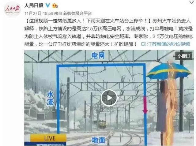 　　话说，　　冻雨马上要光临南方，　　加上春运大幕即将开启，　　坐火车回家有什么安全须知吗?　　最近，有一条微博引起了网友关注　　▼ 　　雨天撑伞会招致触电?　　表吓我!　　这还真不是唬人的　　雨天在半封闭或者露天的站台打伞　　隐患不小! 　　大家都知道→　　高铁和电力机车通过车顶的受电弓，获取来自列车上方那条长长的高压电线(接触网)所提供的电力，以此驱动列车前行。　　那你知道吗?→　　铁路的牵引主要有电力、内燃等种类