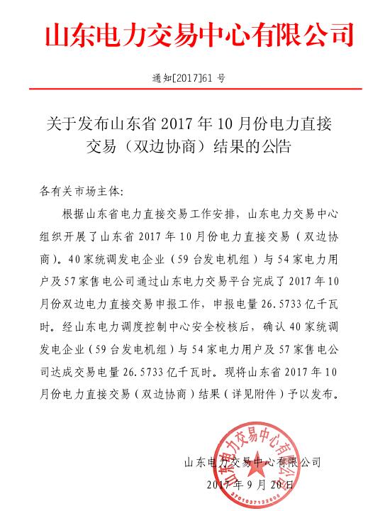 橙電網(wǎng)售電網(wǎng)獲悉，今日，山東電力交易中心公布2017年年10月份電力直接交易（雙邊協(xié)商）結(jié)果。此次交易中，40家統(tǒng)調(diào)發(fā)電企業(yè)（59臺發(fā)電機組）與54家電力用戶及57家售電公司通過山東電力交易平臺完成了2017年10月份雙邊電力直接交易申報工作，申報電量26.5733億千瓦時