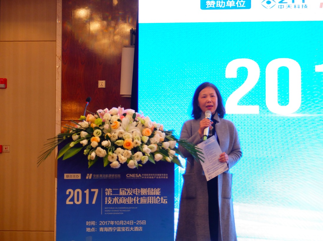 10月24-25日，2017發(fā)電側(cè)儲能技術(shù)商業(yè)化應(yīng)用論壇在青海西寧舉行。國網(wǎng)能源研究院副院長蔣莉萍主持開幕式