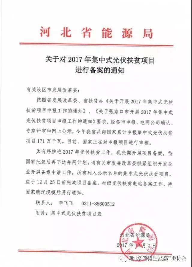 原标题：河北省能源局《关于对2017年集中式光伏扶贫项目进行备案的通知》             河北省能源局《关于对2017年集中式光伏扶贫项目进行备案的通知》            责任编辑：