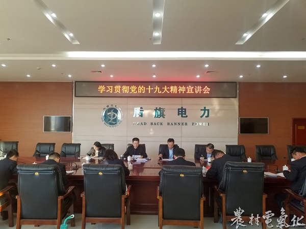 

　　农村电气化网讯：“10月18日至24日，举世瞩目的中国共产党第十九次全国代表大会在北京胜利召开。大会听取和批准了十八届中央委员会报告；审查批准了十八届中央纪律检查委员会工作报告……”

　　2017年12月1日，内蒙古巴彦淖尔电业局乌拉特后旗供电分局组织机关大楼党员干部、入党积极分子与各基层班组通过视频会议系统，由分局党总支书记高健作为主讲人同步对十九大精神进行了宣讲