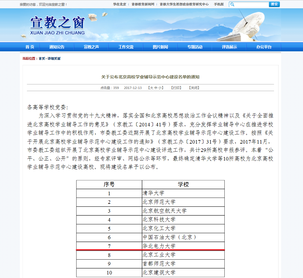     
                          
                        

　　为进一步引领带动各高校提高学业辅导中心建设水平和学业辅导工作实效，促进大学生学业发展，近期，市委教育工委组织开展了北京高校学业辅导示范中心建设评选工作。全市29所高校参与申报，共评选出10个示范中心，我校学业辅导中心成功获批