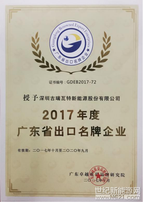 　日前，广东省卓越质量品牌研究院公布了2017年度广东省出口名牌企业名单，古瑞瓦特以匠心精神深耕光伏行业，用品质和创新不断获得消费者和市场的认可，凭借全球经营中获得的丰富实践，被评为“2017年度广东省出口名牌企业”。
　　

 
　　据了解，“广东省出口名牌企业”的评定是经省商务厅认可，由广东卓越质量品牌研究院组织开展“广东省出口名牌企业”认定工作，旨在推进广东省出口品牌建设，努力提高出口产品质量和档次，促进外贸发展方式加