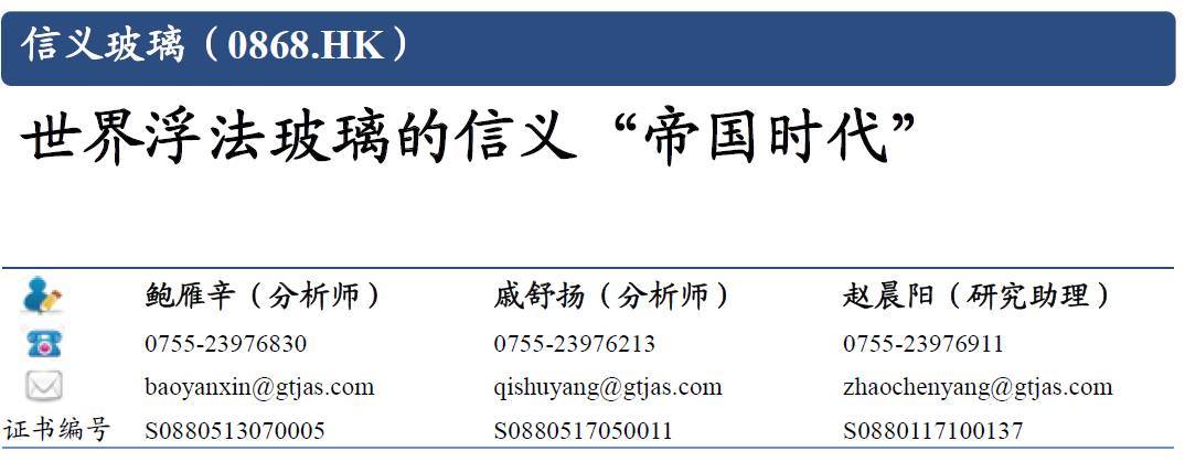 原标题：信义玻璃-0868.HK-世界浮法玻璃的信义“帝国时代”（鲍雁辛 戚舒扬 赵晨阳）20171223             我们认为，世界玻璃工业未来或将进入中国企业主导的“帝国时代”（参见我们的报告《管窥玻璃工业，谁主沉浮一百年？》），信义玻璃是或将沿福耀玻璃路径成长的龙头。   维持“增持”评级
