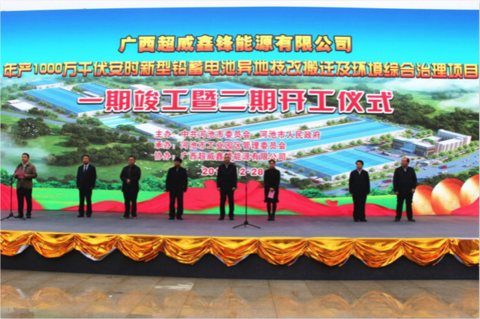 12月28日，超威集团旗下广西超威鑫锋能源有限公司年产1000万千伏安时新型铅蓄电池异地技改搬迁及环境综合治理项目一期竣工暨二期开工仪式在河池市大任产业园隆重举行，此举标志着超威集团布局大西南、面向东盟的门户正式建成，成为超威战略布局的重要一“翼”。据悉，该项目全部建成后，将成为西南地区最大的铅蓄电池循环产业园