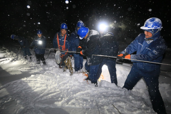 
　　1月4日晚間，安徽鳳陽縣供電公司搶修人員冒雪搶修受損電力設施

　　1月3日以來，安徽省江北普降大到暴雪，部分地區(qū)大暴雪。受竹木倒伏等影響，全省544條10千伏線路、1.29萬個臺區(qū)，累計98.72萬用戶停電