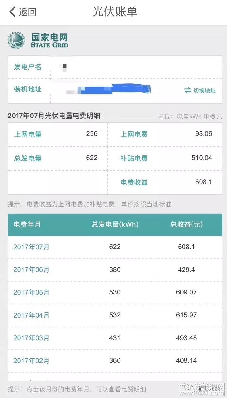  戶用投資業(yè)主注意了：

掌上即可查戶用項(xiàng)目發(fā)電量和收益!

據(jù)亞坦能源的總經(jīng)理李輝介紹：國(guó)家電網(wǎng)公司的APP“電e寶”推出“光伏賬單”功能。

安裝戶用光伏系統(tǒng)的用戶，可以在上面查看自己的光伏賬單，信息包含：

光伏項(xiàng)目每個(gè)月的：1)上網(wǎng)電量、2)總發(fā)電量、3)上網(wǎng)電量電費(fèi)、4)補(bǔ)貼收益、5)每個(gè)月的總發(fā)電量、6)每個(gè)月的總收益

不包含：自發(fā)自用部分的電費(fèi)抵消