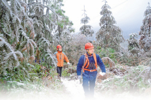
　　永州供電公司員工巡視洪水嶺電力設(shè)施?！　疃瑑?攝

　　在洪水嶺哨所測(cè)量觀冰測(cè)冰模擬線覆冰情況