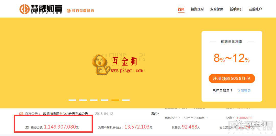 原标题：国资系平台慧融财富虚得慌 新注册皮包公司借款一大把            平台名称:慧融财富 平台网址:https://www.hrcfu.com 曝光原因:看国资系平台慧融财富虚得慌 新注册皮包公司借款一大把 今天互金狗（hujingou）要说的是浙江杭州网贷平台-慧融财富，杭州是中国互联网金融最活跃和创新的地区之一，但是不可否认的也是骗子最多的地区。互金狗后续会更多的深挖浙江地区网贷平台，特别是有融网、祺天优贷以为代表的资产端剖析