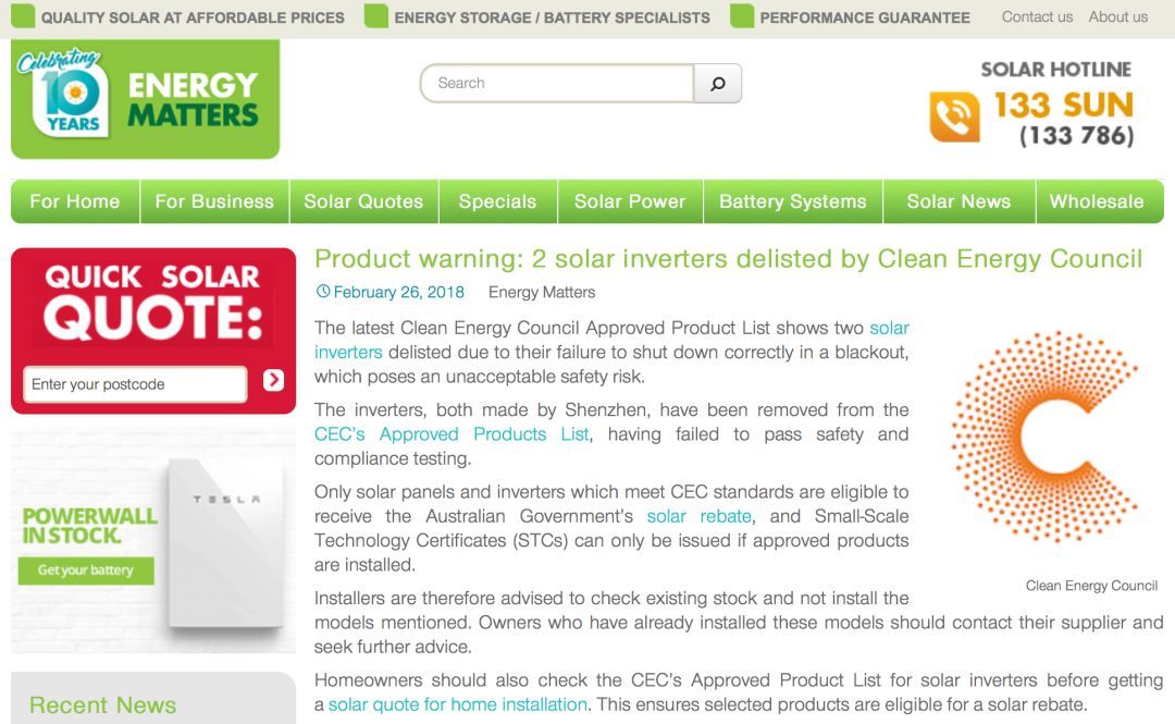 原标题：晶福源一款逆变器被被澳大利亚清洁能源理事会摘牌！            晶福源一款逆变器被被澳大利亚清洁能源理事会摘牌 solar inverters delisted by Clean Energy Council The latest Clean Energy Council Approved Product List shows two solar inverters delisted due to their failure to shut down correctly in a blac