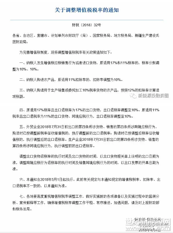  2018年4月4日，財(cái)政部稅務(wù)總局下發(fā)《關(guān)于調(diào)整增值稅稅率的通知》（財(cái)稅〔2018〕32號(hào)），通知中指出：納稅人發(fā)生增值稅應(yīng)稅銷售行為或者進(jìn)口貨物，原適用17%和11%稅率的，稅率分別調(diào)整為16%、10%，本通知自2018年5月1日起執(zhí)行。

風(fēng)電、光伏項(xiàng)目主要在設(shè)備購(gòu)置環(huán)節(jié)和發(fā)電售電環(huán)節(jié)產(chǎn)生增值稅，增值稅調(diào)整后，設(shè)備購(gòu)置環(huán)節(jié)進(jìn)項(xiàng)稅減少，發(fā)電售電環(huán)節(jié)，不含稅售電價(jià)格增加，從而使項(xiàng)目整體收益率增加