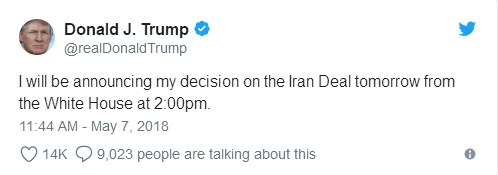 原标题：【美股收盘】特朗普就伊核协议发推 美股闻讯自高位急跌            FX168财经报社(香港)讯 欧股周一（5月7日）收盘走高，科技股连续3天上涨。然而，在美国总统特朗普在推特上宣布将于周二宣布对伊核协议的决定后，主要股指收盘远低于当天的高点