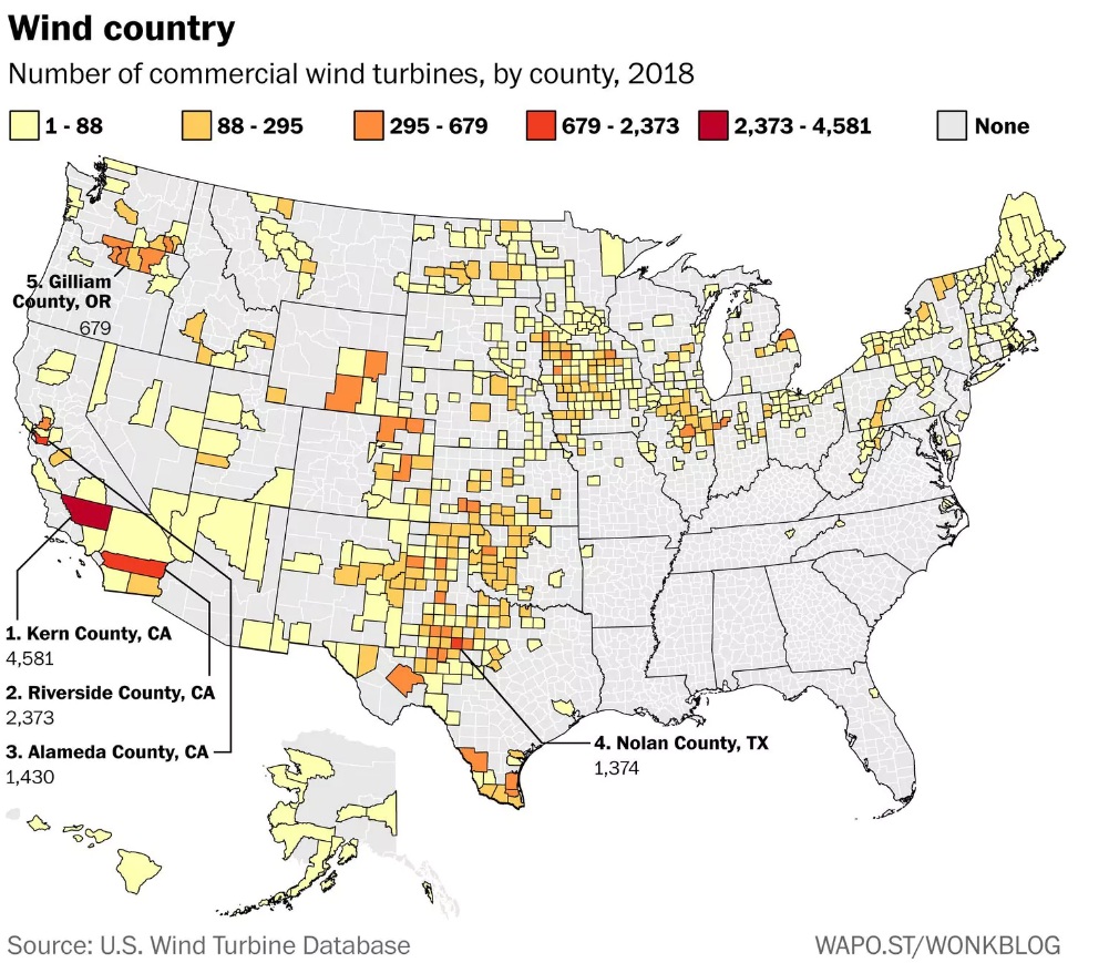 　　加利福尼亚州克恩县是贝克斯菲尔德市的所在地，它自称是“西部风力之都”。但华盛顿邮报对美国地质调查数据库中超过57,000个商业风力涡轮机的大量新分析表明，该县的自称过于谦虚：这实际上是整个国家的风力之都