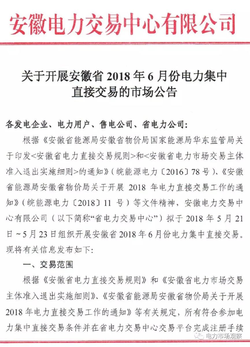 
	5月15日，安徽电力交易中心发布《关于开展安徽省2018年6月份电力集中直接交易的市场公告》。


	公告中称：拟于5月21日~23日组织开展安徽省2018年6月份电力集中直接交易，交易规模为1000000兆瓦时