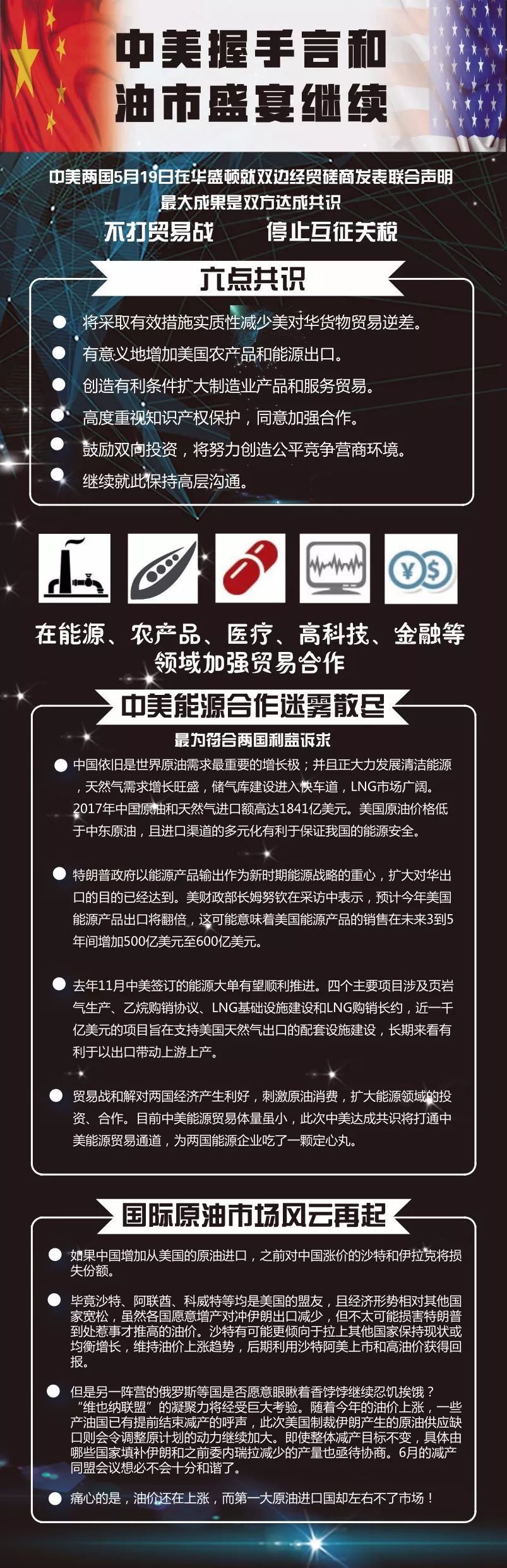 原标题：停战！能源行业重开宴！            中美宣布停战，两国能源企业直接受益，国际原油市场少了一份担忧，大佬们欢宴继续......  原创文章，欢迎分享，公众号转载请注明来源。 图文制作：张鹏程 责编：王琳琳 校对：刘燃返回搜狐，查看更多      责任编辑：