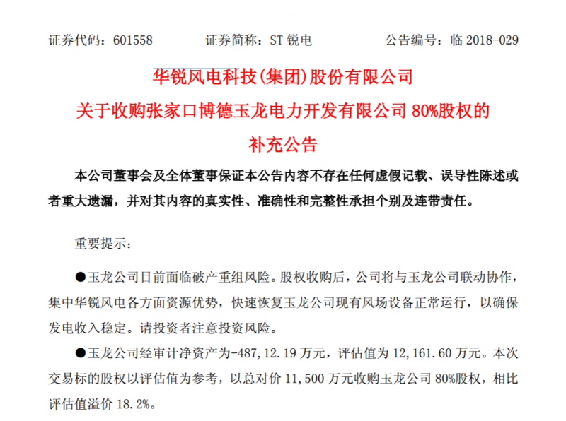 　　华锐风电全资孙公司张家口锐电新能源有限公司(以下简称 “张家口锐电”)以 1.15 亿元(人民币，下同)收购张家口博德玉龙电力开发有限公司(以下简称“玉龙公司”)80%股权。其中，以 6500 万元收购天津市博德房地产经营有限公司(以下简称“博德房产公司”)所持有的玉龙公司 50%股权，以 5000 万元收购广东猛狮新能源科技股份有限公司(以下简称“猛狮科技”)所持有的玉龙公司 30%股权