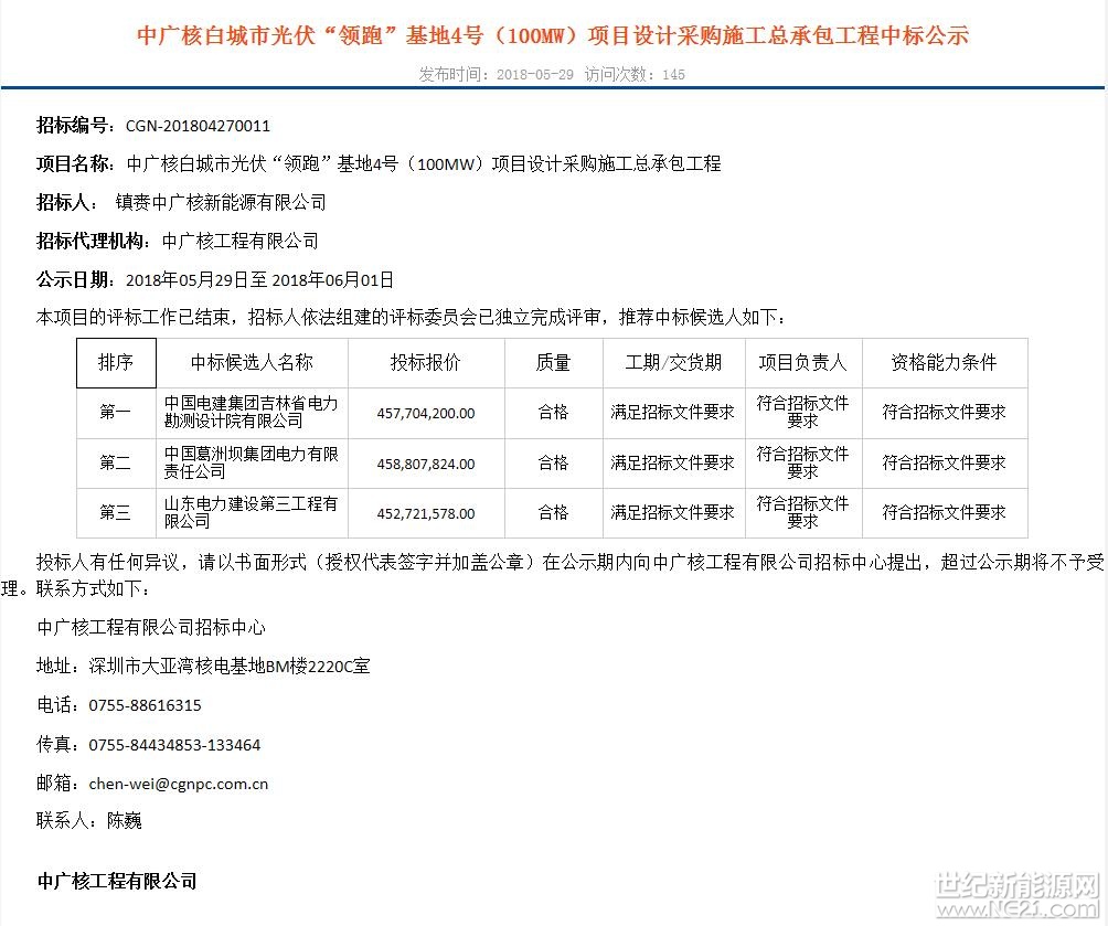 5月29日，中廣核公布：吉林白城4、5號地塊，內(nèi)蒙古達拉特旗3個領(lǐng)跑者基地的EPC總包服務中標結(jié)果。
白城4號地塊EPC第一中標人單價約：4.57元/W
白城5號地塊EPC第一中標人單價約：4.82元/W
內(nèi)蒙古達拉特旗地塊EPC第一中標人單價約：5.18元/W
據(jù)此前領(lǐng)跑者中標信息顯示，中廣核3個基地建設(shè)規(guī)模分別為100MW，合計300MW