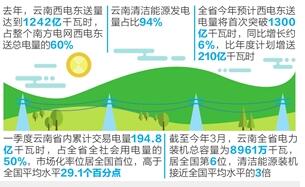 　　云南电网公司发布的一组数据显示，仅去年一年，云南西电东送量达到1242亿千瓦时，占整个南方电网西电东送总电量的60%，接近北京市和海南省全年的用电量之和，广东、广西因云南绿色电力供应累计减少了煤耗超过2亿吨。

　　
　　清洁能源发电占比94%
　　
　　实施西电东送战略以来，云南积极建设以水电为主的清洁能源基地