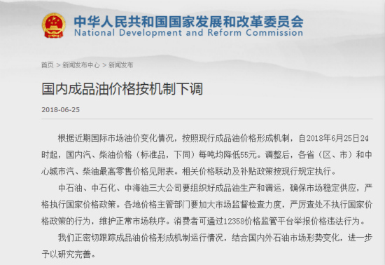 　　人民网北京6月25日电（贺迎春 王绍绍）国家发改委刚刚发布通知，根据近期国际市场油价变化情况，按照现行成品油价格形成机制，自6月25日24时起，国内汽、柴油价格（标准品，下同）每吨均降低55元。调整后，各省（区、市）和中心城市汽、柴油最高零售价格见附表