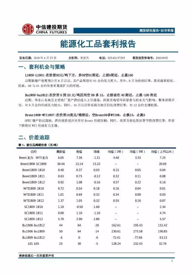 原标题：建投套利  | 能源化工套利报告            文丨李彦杰 中信建投期货能源化工首席分析师 本报告完成时间：2018年6月25日       作者姓名：李彦杰 投资咨询从业证书号：Z0010942 电话：023-81157293 重要 声明 本报告中的信息均来源于公开可获得资料，中信建投期货力求准确可靠，但对这些信息的准确性及完整性不做任何保证，据此投资，责任自负。本报告不构成个人投资建议，也没有考虑到个别客户特殊的投资目标、财务状况或需要