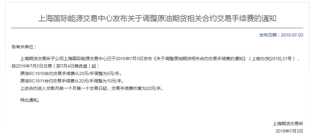 原标题：上海原油期货下调部分合约交易手续费：提升远月合约流动性            　　7月3日晚间，上海期货交易所子公司上海国际能源交易中心（INE）发布《关于调整原油期货相关合约交易手续费的通知》，公告自2018年7月5日交易（即7月4日晚夜盘）起：  原油SC1810合约交易手续费从20元/手调整为5元/手。原油SC1811合约交易手续费从20元/手调整为10元/手