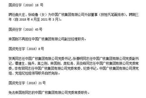 原標(biāo)題：央企領(lǐng)導(dǎo)人大變動(dòng) 涉及環(huán)保行業(yè)的都是誰？            日前，國資委公開了22家央企，約48位領(lǐng)導(dǎo)人員職務(wù)變動(dòng)訊息，包括中國廣核集團(tuán)有限公司、中國保利集團(tuán)有限公司、中國汽車技術(shù)研究中心有限公司、中國化工集團(tuán)有限公司等等。 那么，哪些與環(huán)保有關(guān)呢？ 中國廣核集團(tuán)有限公司  中廣核這家公司，是國務(wù)院國資委監(jiān)管的大型清潔能源企業(yè)，立足以核電為主的戰(zhàn)略定位，有著非凡的貢獻(xiàn)力