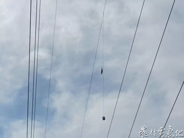  
　　110kV华砂T接线地线飘挂物

　　无人机喷火消缺
　　农村电气化网讯：2018年5月17日，澄海供电局输变电管理所输电线路班林班长接到一通电话，称莱美路高压线路避雷线上有飘挂物。经现场勘查，110kV华砂T接线光纤地线上确有飘挂物，虽然该飘挂物暂时不会影响线路运行，但由于近期天气多变，一旦有大风雷雨天气，可能会造成线路跳闸，存在一定的安全隐患