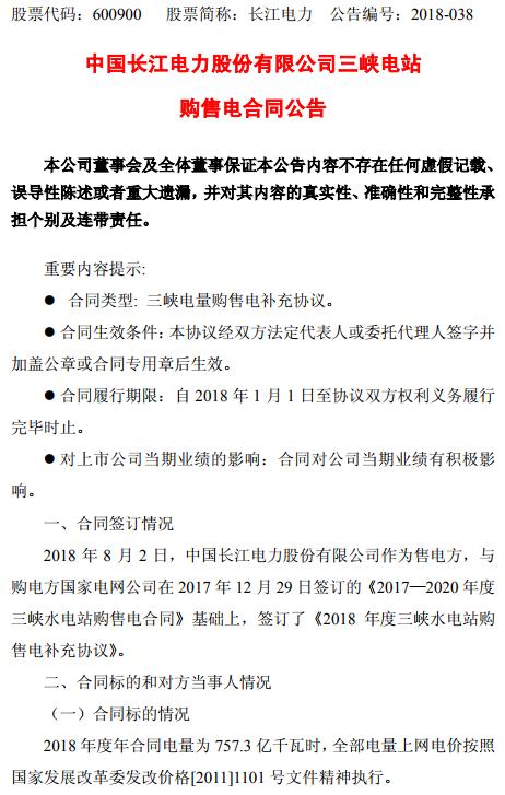 　　中国长江电力股份有限公司8月2日发布三峡电站购售电合同公告，2018年度年合同电量为757.3亿千瓦时，全部电量上网电价按照国家发展改革委发改价格[2011]1101号文件精神执行。合同对方当事人为国家电网公司