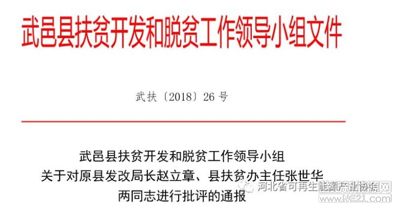  日前，河北省衡水市政府公开发布了《关于对武邑县36个光伏产业项目整改报告》，文件如下：


各乡镇、县直各单位：

2017年度国家和省脱贫攻坚工作成效考核反馈问题意见中，对武邑县36个村级光伏产业项目招投标环节流于形式问题进行重点通报。武邑县委、县政府对此问题的整改落实高度重视，召开专题书记办公会，成立整改工作小组，制定问题整改工作方案，迅速展开调查，并对照国家要求认真落实整改
