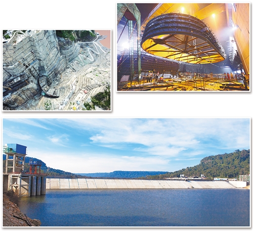 　　左上：烏東德水電站大壩工程施工現場。施進軍攝　　右上：白鶴灘水電站右岸地下電站肘管吊裝現場