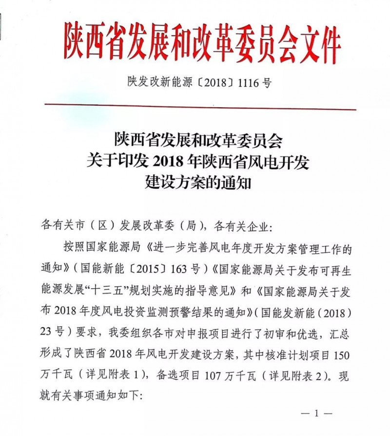 　　近日，陜西發(fā)改委關(guān)于印發(fā)《2018年陜西省風(fēng)電開發(fā)建設(shè)方案的通知》《通知》顯示，核準(zhǔn)了29個(gè)150萬kW的風(fēng)電項(xiàng)目目錄，并要求在今年年底前開工，否則指標(biāo)作廢。
　　為了防止部分項(xiàng)目在年底前無法開工導(dǎo)致指標(biāo)浪費(fèi)，另外核準(zhǔn)了21個(gè)107萬kW的備選項(xiàng)目