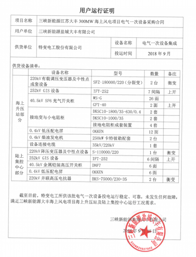　　9月13日，300MW海上風電項目220kV海上升壓站及陸上集控中心正式帶電投運，它是由特變電工股份有限公司供貨，特變電工衡陽變壓器有限公司（以下簡稱“衡變公司”）及特變電工中發(fā)上海高壓開關有限公司（以下簡稱“上開公司”）聯(lián)合制造，集中供貨一次電氣設備的我國首座具有完全知識產(chǎn)權的海上升壓站。該項目的成功帶電投運標志著我國一舉打破了海上風電領域長期被國外合資廠商壟斷的局面，首次實現(xiàn)了電氣一次國產(chǎn)設備投運