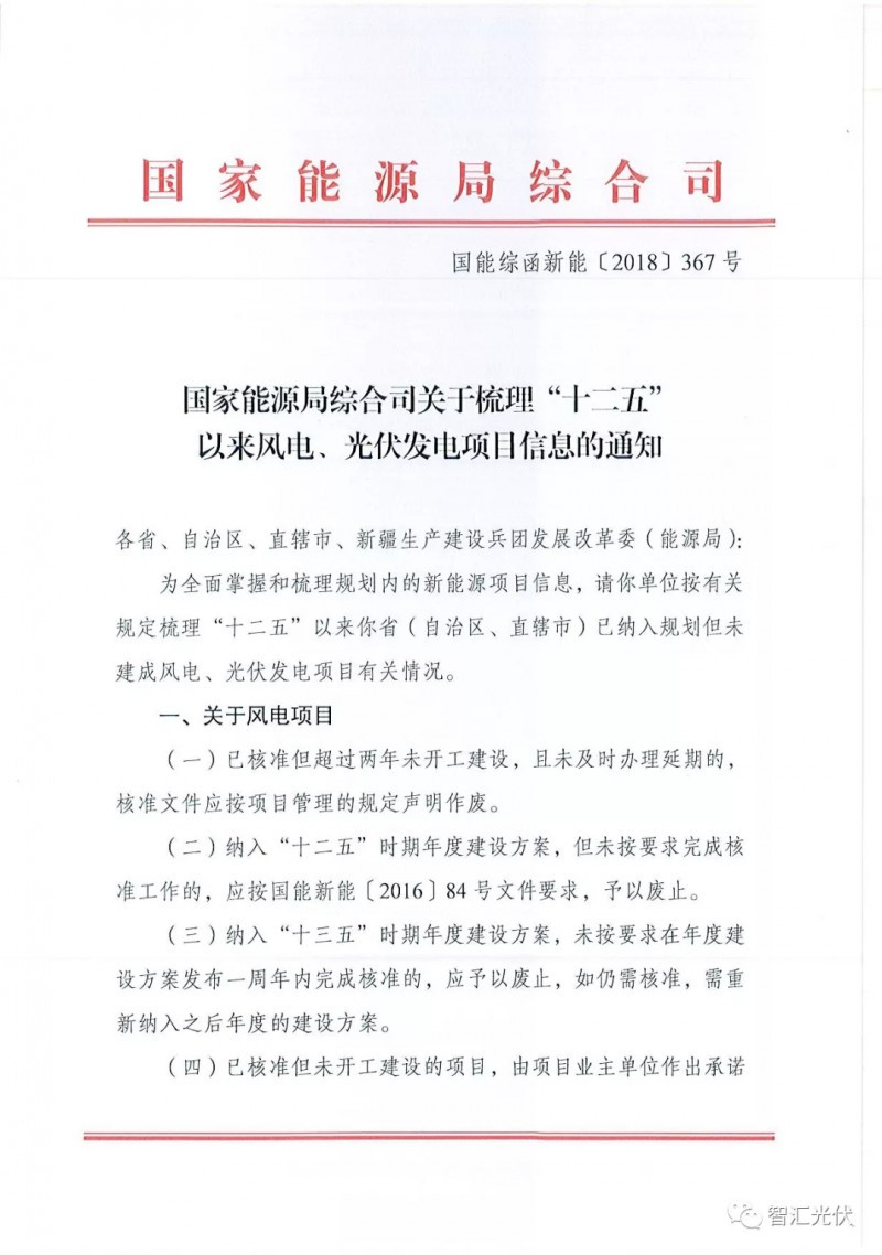 原標(biāo)題：國家能源局綜合司關(guān)于梳理“十二五”以來風(fēng)電、光伏發(fā)電項(xiàng)目信息的通知            國家能源局綜合司關(guān)于梳理“十二五”以來風(fēng)電、光伏發(fā)電項(xiàng)目信息的通知    智匯光伏返回搜狐，查看更多      責(zé)任編輯：