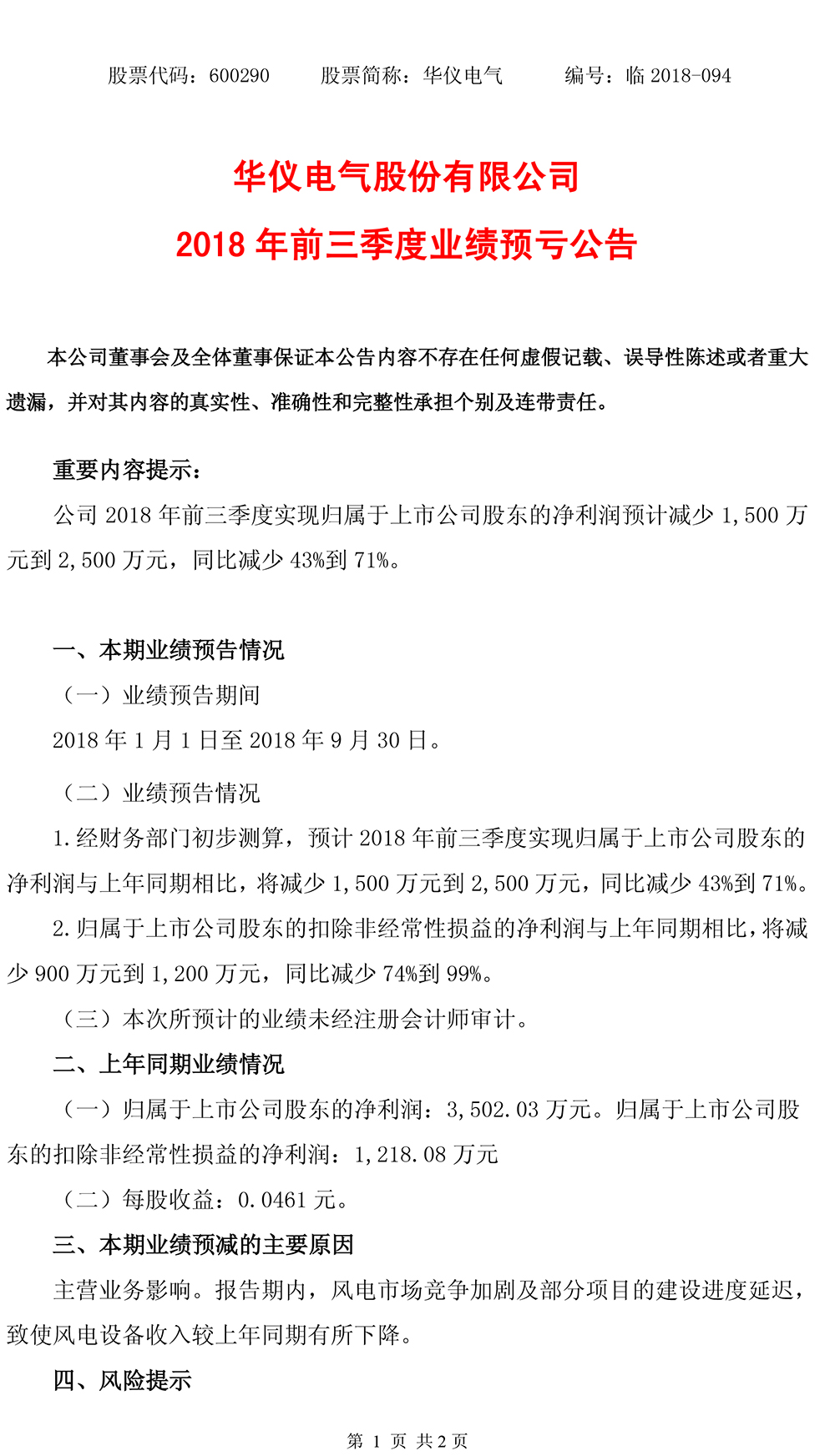                        華儀電氣10月13日發(fā)布2018年前三季度業(yè)績預(yù)告，預(yù)計(jì)公司2018年1-9月凈利潤為1002.03萬元～2002.03萬元，上年同期為3502.03萬元，同比下降71%～43%。 資料顯示，上年同期歸屬于上市公司股東的凈利潤3502.03 萬元