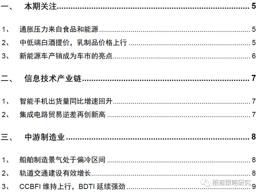原標題：【招商策略】乳品價格強于季節(jié)性，新能源車為車市亮點——行業(yè)景氣觀察（1018）            近期通脹壓力來自食品和能源價格走高；中低端白酒提價，乳制品價格上行。智能手機出貨量下滑幅度收窄，集成電路貿(mào)易逆差再創(chuàng)新高