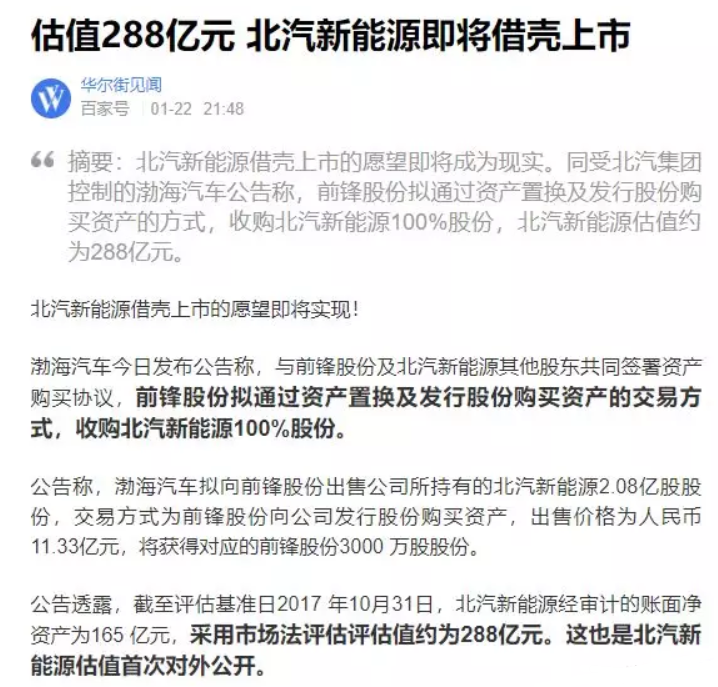 原標(biāo)題：市場錯殺第一股——北汽藍(lán)谷            北汽藍(lán)谷或許會成為下一輪牛市的翻倍股，有意愿抄底的，可以關(guān)注此股！ 一、股價11天攔腰，跌破一級市場的B輪估值 北汽新能源自從9月27日借殼 S前鋒復(fù)牌上市以來，僅11個交易日，股價從15.05元連續(xù)暴殺到今天最低的7.8元，股價接近攔腰，市值僅265億——已經(jīng)跌破一級市場的B輪估值280億。也就是說，目前二級市場的股價，已經(jīng)低于一級市場投資者的成本（一級市場投資者成本大約8.5元）  股價的短期攔腰，跌破B輪估值，與國慶節(jié)后大盤的非理性暴跌有關(guān)，